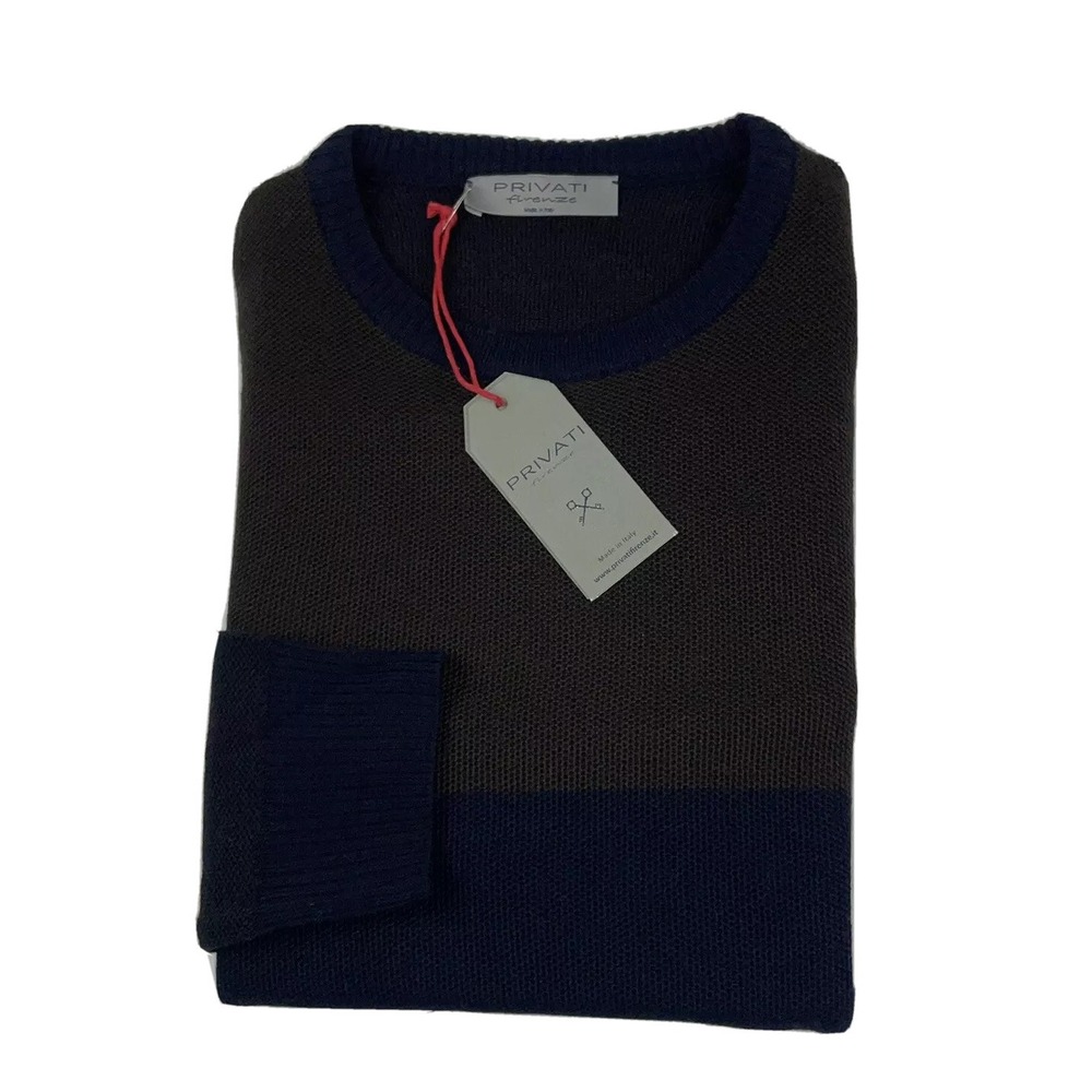 Privati Firenze Mens Brown Blue Woven Merino Wool Crewneck Sweater Size M NWT